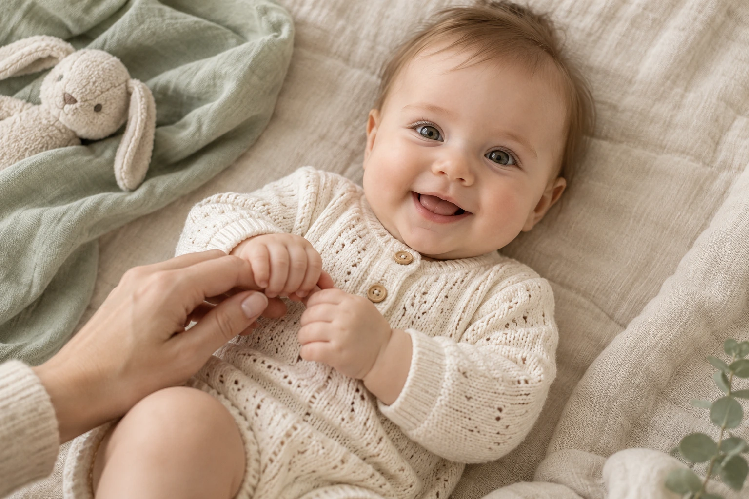 Un bébé éveillé sourit et tient la main de son parent, entouré de textures crème et sauge.