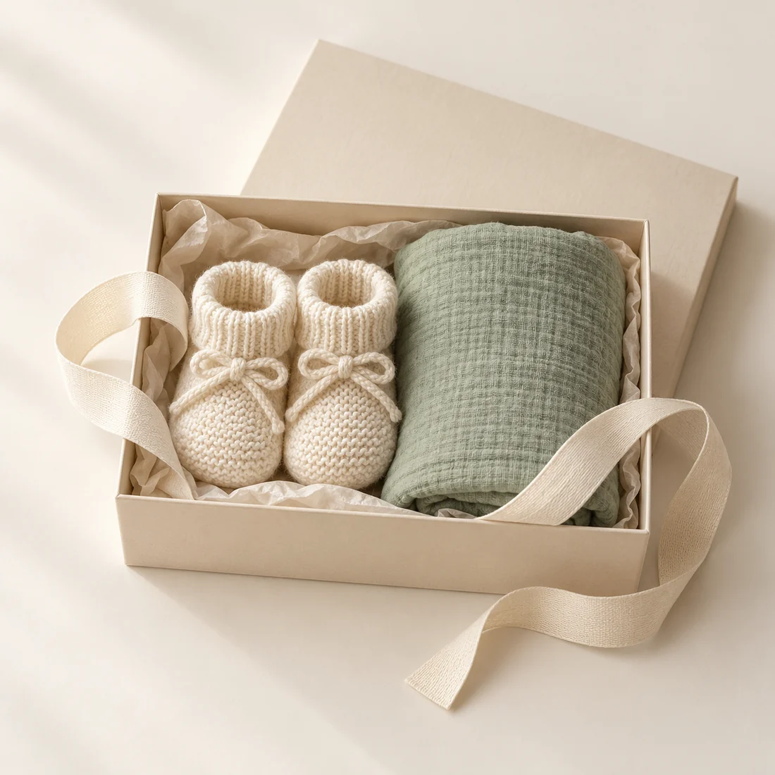 Coffret cadeau ivoire ouvert, avec un lange sauge, des chaussons en maille et un ruban crème.