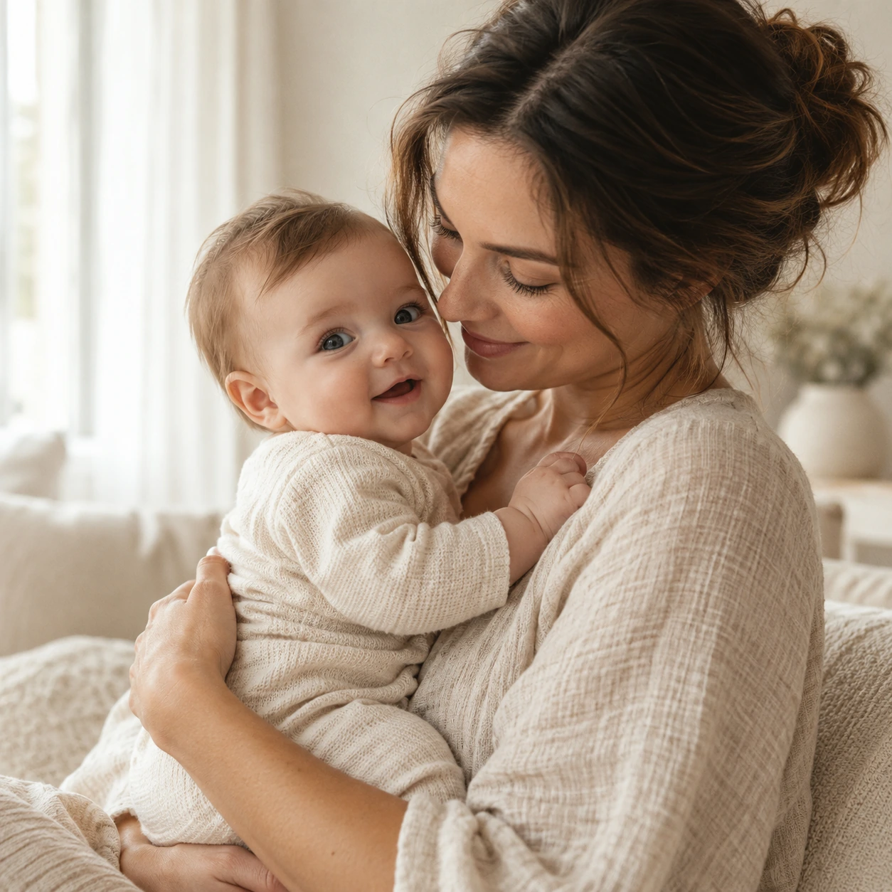 Un parent partage un moment tendre avec son bébé dans une lumière naturelle.
